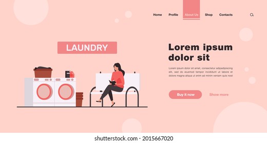 Woman reading book and waiting for her laundry. Room, washing machines. Flat vector illustration. Laundry service concept can be used for presentations, banner, website design, landing web page