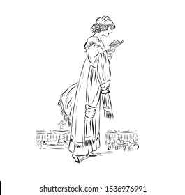 Woman reading a book walking around the city. Lady in vintage style dressed in long dress and holds scarf. Drawing for coloring. Graphic female silhouette.