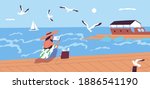 Woman reading book at waterfront alone vector flat illustration. Female character spending time alone enjoying literature and summer sea landscape. Relaxed person sitting on embankment