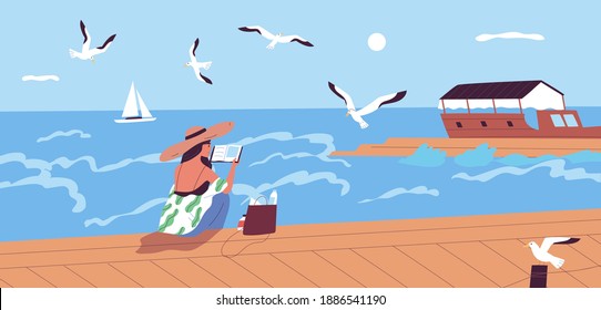 Woman reading book at waterfront alone vector flat illustration. Female character spending time alone enjoying literature and summer sea landscape. Relaxed person sitting on embankment