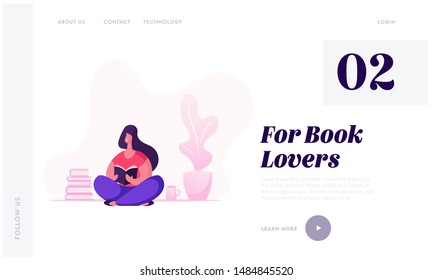 Woman Reading Book Website Landing Page. Education or Hobby Concept with Girl Sitting on Floor with Cup of Tea Read Prepare to Exam Gaining Knowledge Web Page Banner. Cartoon Flat Vector Illustration