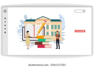 A woman reading a book. website page Digital Library. Modern flat design concept of web page design for website and mobile website