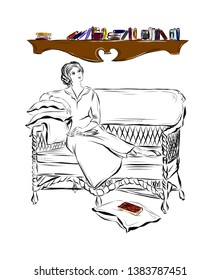 Woman reading book while lying on sofa leaning on pillows. Room interior with wall shelf and books standing on it, wicker chair. Drawing for coloring. Graphic female silhouette.