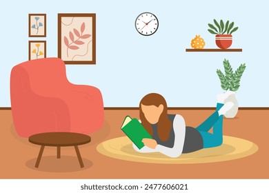 A woman is reading a book while lying down