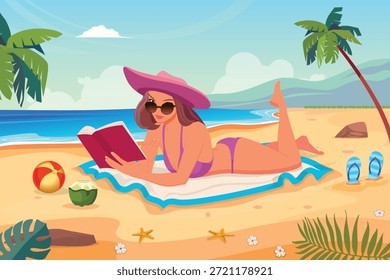 Mujer que lee el libro mientras que miente en la playa de arena, mujer que miente en la playa que lee un libro, mujer que miente en la playa que lee el libro por el océano
