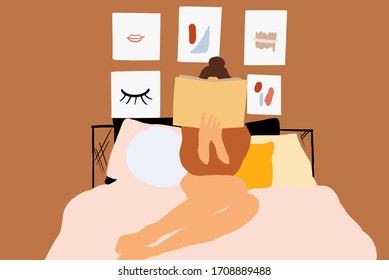 Woman reading book while relaxing on the bed at cozy home atmosphere. Vector illustration in flat cartoon style