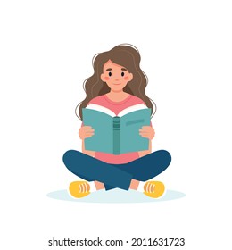 Woman reading book while sitting. Learning and literacy day concept. Cute vector illustration in flat cartoon style