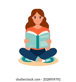 Woman reading book while sitting. Learning and literacy day concept. Cute vector illustration in flat cartoon style. Female reading book
