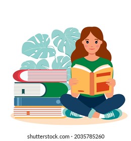 Mujer leyendo libro mientras está sentada. Concepto del día de aprendizaje y alfabetización. Ilustración vectorial en forma de dibujo plano. Libro de lectura femenino

