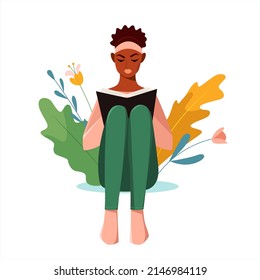 Woman reading book while sitting isolated on white background. Literacy day concept. Cute vector illustration in cartoon style. 