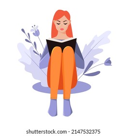 Woman reading book while sitting isolated on white background. Education concept. Cute vector illustration in cartoon style.