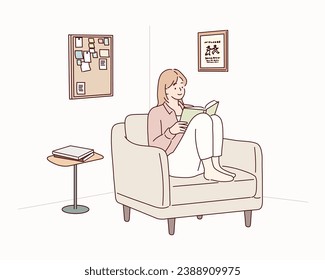 woman reading book while sitting on beige sofa in room. Hand drawn style vector design illustrations.