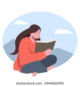woman reading a book while sitting. mountain background. relaxed and happy. doing tasks. working. suitable for business and school themes. flat vector illustration.