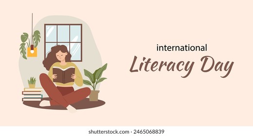 Frau, die ein Buch liest, während sie flach sitzt. Landing Page International Literacy Day Konzept.  Vektorillustration Horizontale Banner Vorlage für Schule, Hochschule, Online-Bildung, Kurse