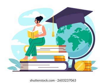 A woman reading a book while sitting on stacked books, with a globe wearing a graduation cap beside her. The background is light blue with clouds. Concept of global education. Vector illustration