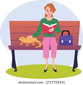 Una mujer leyendo un libro mientras está sentada en un banco con un lagarto geco amarillo. Carácter lindo con una mascota exótica. Cuidado y aseo de animales. Estilo de vida, hobby. Ilustración plana de Vector. Estilo de dibujos animados.