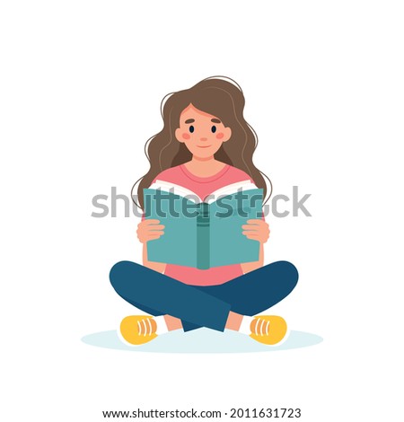 Woman reading book while sitting. Learning and literacy day concept. Cute vector illustration in flat cartoon style