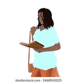 a woman is reading a book while walking without a background