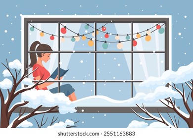 Woman reading book at the winter window. New Year and Christmas background. Cozy winter illustration for bookshop, library, bookstore.