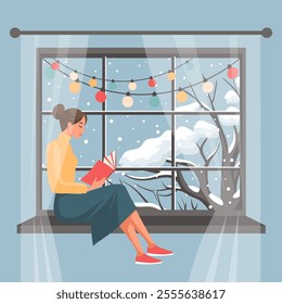 Woman reading book at the winter window. New Year and Christmas background. Cozy winter illustration