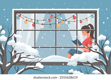 Woman reading book at the winter window. New Year and Christmas background. Cozy winter illustration