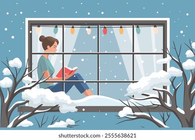 Woman reading book at the winter window. New Year and Christmas background. Cozy winter illustration for bookshop, library, bookstore