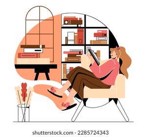 Woman reading book. Young girl sitting with textbook at armchair. Character enjoying fiction or preparing for test or exam. Useful hobby and leisure. Cartoon flat vector illustration