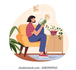 Woman reading book. Young girl with textbook or fiction sits in chair. Love of reading and literature. Useful hobby and leisure. Education and learning indoors. Cartoon vector illustration