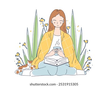 Mujer leyendo libro. Chica joven con libro y bebida caliente en la naturaleza. Hobby y ocio. Amor por la lectura y la literatura. Ilustración vectorial lineal aislada sobre fondo blanco