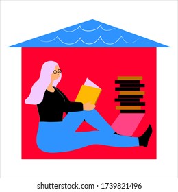Woman reading books at home during coronavirus pandemic. Stay home and stay safe with social distancing. 