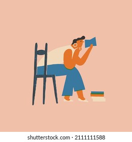 Woman reading Books siting in the chair. Read more books illustration. Book lovers in bookstore concept.