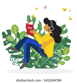 woman reading books sitting on garden. in headphones listening to music.isolated on white background. Colorful vector illustration in flat cartoon style.