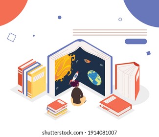 woman reading books of universe library ,book day celebration vector illustration design