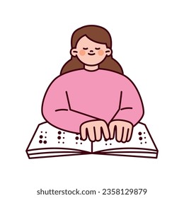 A woman is reading a Braille book with her fingers. Cute style illustration with outlines.