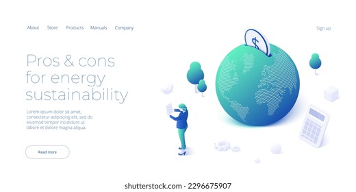 Woman reading or calculating utility bill. Sustainable energy concept in isometric vector design. Ecological electricity consumption and power usage. Web banner layout template