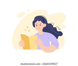 Woman reading concept. Young positive female sitting with a book, education or learning. flat cartoon vector illustration.