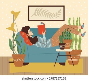 Woman reading in cute cozy room with houseplants, flat vector illustration. Green house and domestic hobby or leisure concept with female character enjoying her rest.