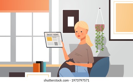 woman reading daily news on tablet pc screen press mass media newspaper concept