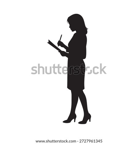 a woman reading a document appearing in profile a distinct silhouette