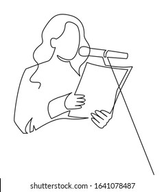 A Woman Is Reading A Document In Front Of A Microphone Continuous One Line Drawing. Scientist Report. Political Speech, Oratory On Stage Before Audience Vector Illustration Isolated On White