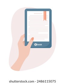 A woman reading an e-book. Female hand holding ebook reader. Flat vector clip art