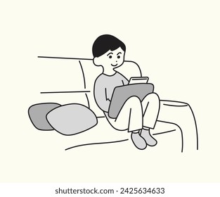 a woman is reading an e-book on the couch. cute vector illustration 