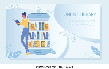 Woman Reading E-Book via Mobile App. Advertisement for Online Library Resource, Application with Educational or Entertainment Book Material. Access to Media Content. Vector Illustration