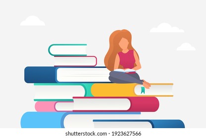 Woman reading, education knowledge concept vector illustration. Cartoon bookreader student female character studying, girl sitting on big pile literature books from library or bookstore background