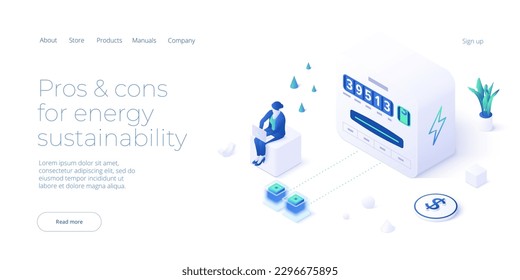 Woman reading electricity meter and calculating utility bill. Sustainable energy concept in isometric vector design. Ecological electricity consumption and power usage