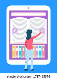 Mujer leyendo el vector de libro electrónico, alumna tocando la siguiente página de ebook. Lector de personajes de estilo plano disfrutando de la literatura, preparando para los exámenes estantería