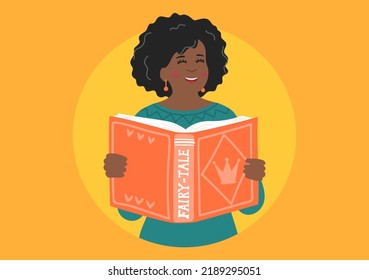 Woman reading fairy-tale. African ethnicity teacher holding book. Children's entertainment, development and education concept. 