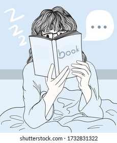 A woman reading a favorite book in the morning atmosphere bed.Doodle art concept,illustration painting