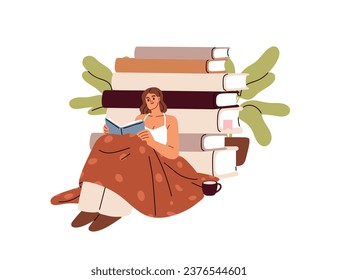 Woman reading fiction book. Happy girl reader, bookworm under cozy blanket, literature stack. Tiny person relaxing with open interesting novel. Flat vector illustration isolated on white background