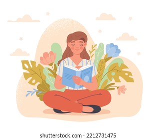 Woman reading with flowers. Selfdevelopment, education and training. Young girl sits with book in hands in lotus position. Sticker for social media and messengers. Cartoon flat vector illustration